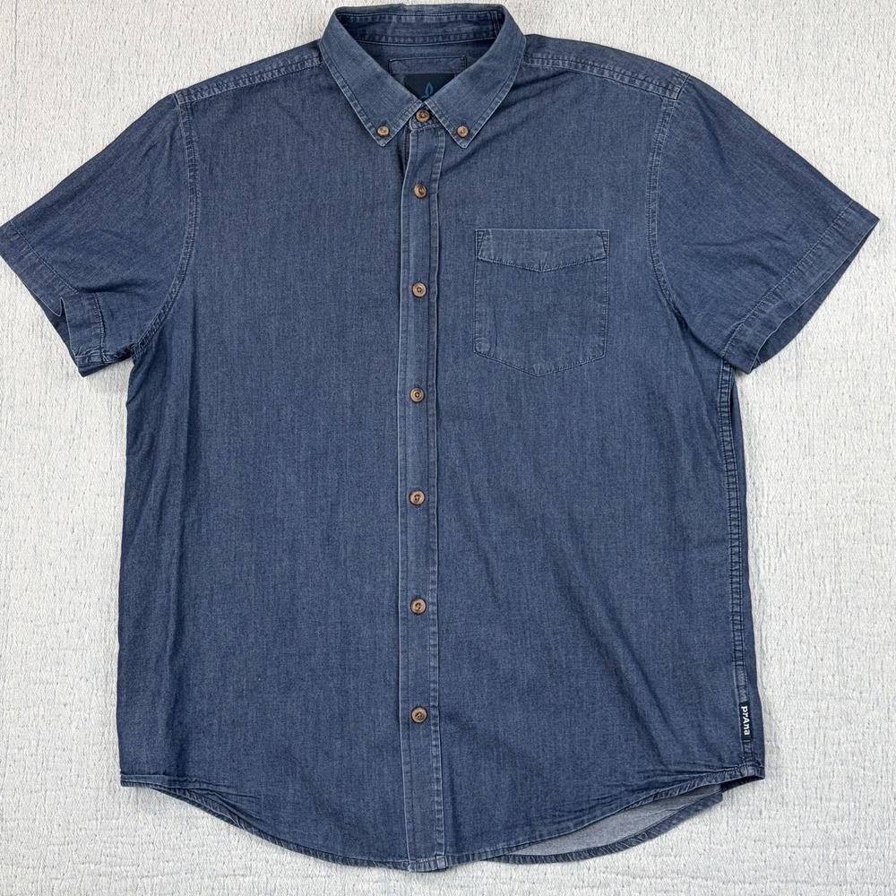 Prana Shirt Mens M Blue Indigo Broderick Solid Short Sleeve Button Up Denim